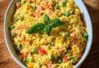 Bunter Reissalat mit Curry in einer Schüssel, verziert mit frischem Gemüse