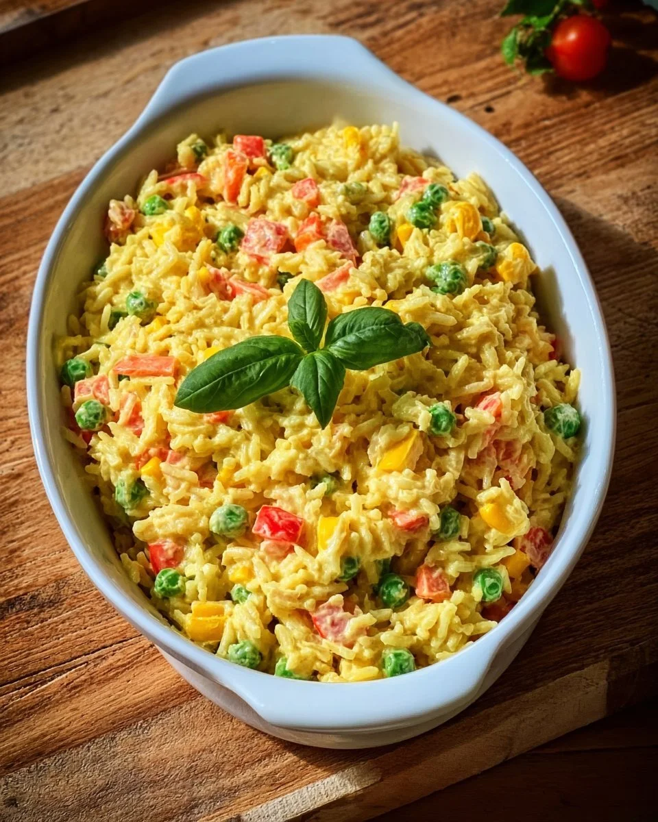 Bunter Reissalat mit Curry in einer Schüssel, verziert mit frischem Gemüse