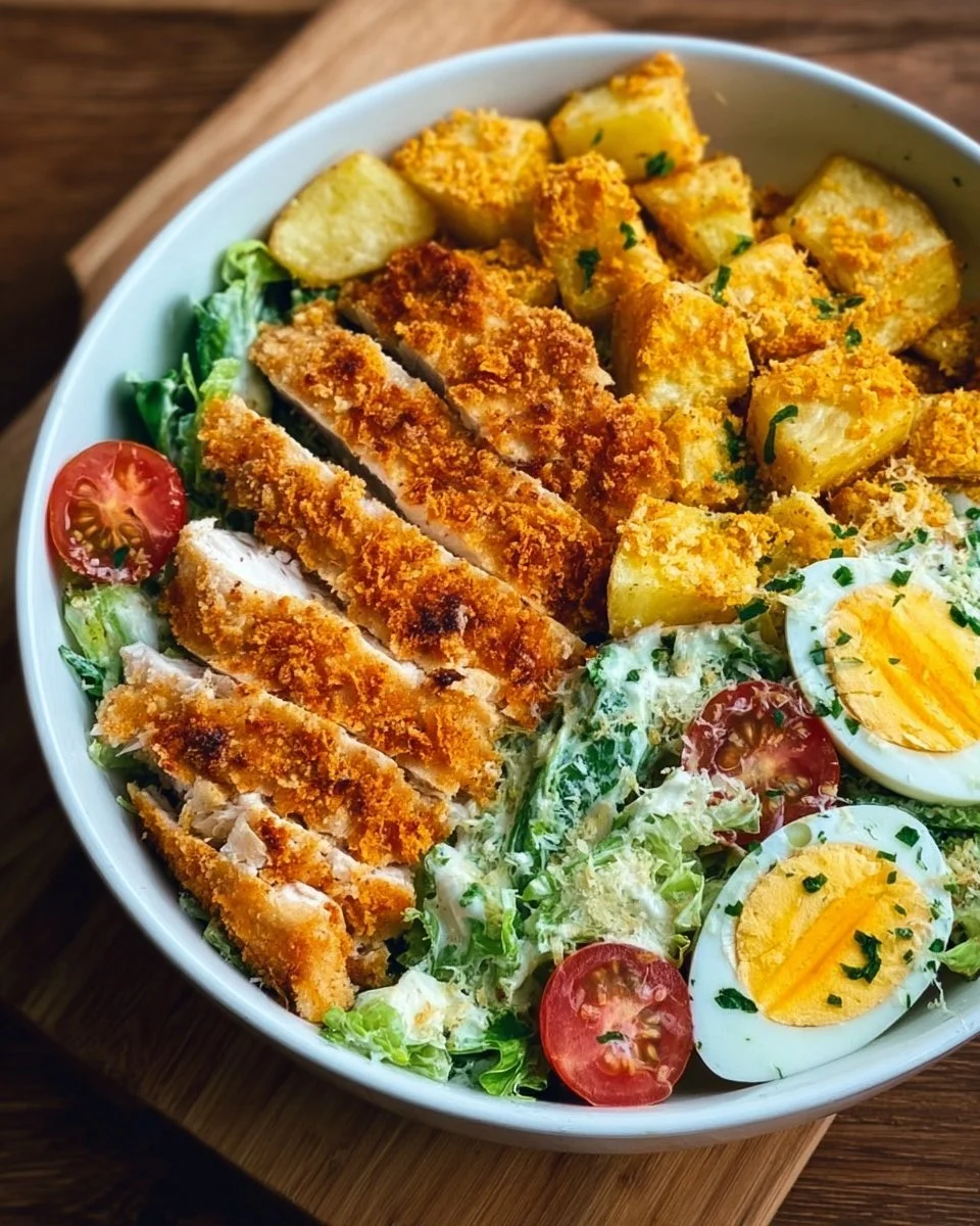 Leckere Caesar-Hähnchen-Bowl mit frischem Gemüse und Dressing