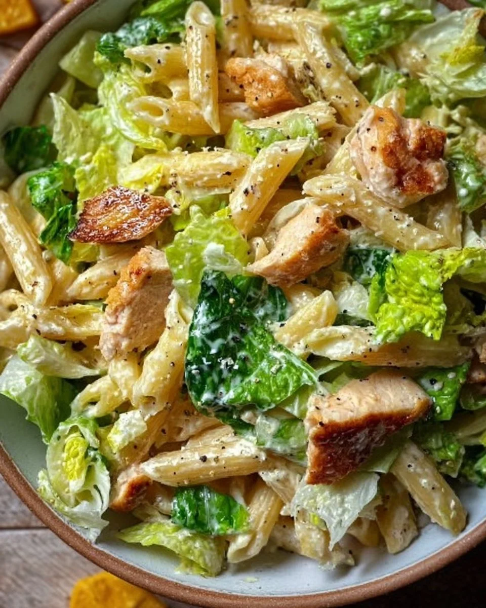 Leckerer Caesar Nudelsalat mit Römersalat für einen perfekten Sommergenuss.
