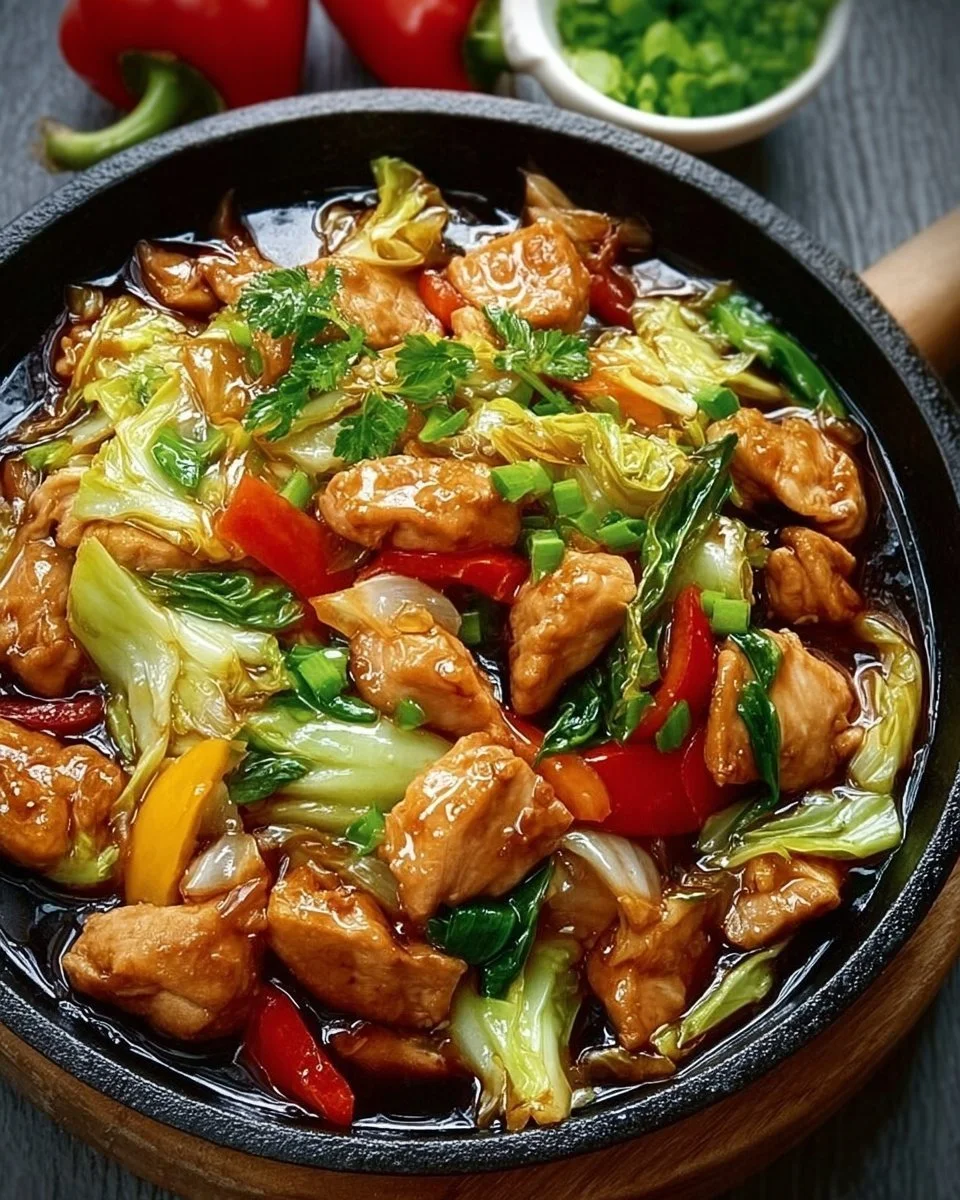 Chinesische Hähnchenpfanne mit Spitzkohl und Zwiebel auf einem Teller