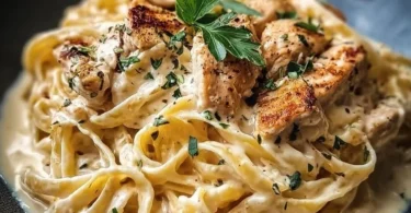Cremige Hähnchen-Alfredo-Nudeln auf einem Teller serviert