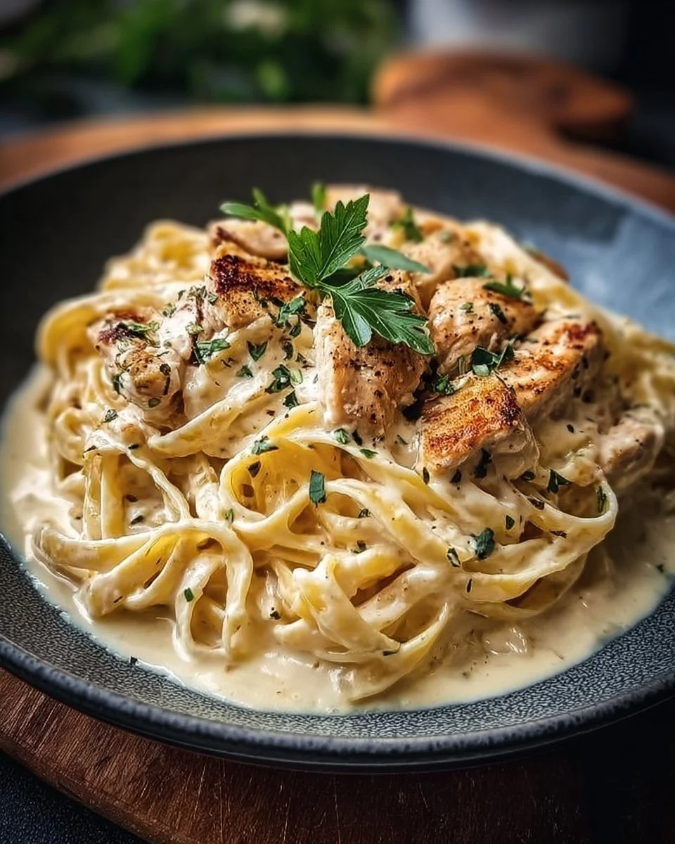 Cremige Hähnchen-Alfredo-Nudeln auf einem Teller serviert