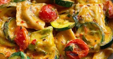 Cremige Maultaschenpfanne mit Zucchini und Tomaten auf einem Teller