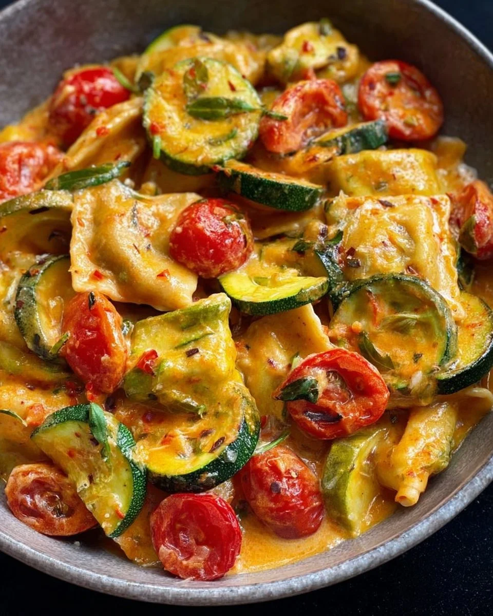 Cremige Maultaschenpfanne mit Zucchini und Tomaten auf einem Teller