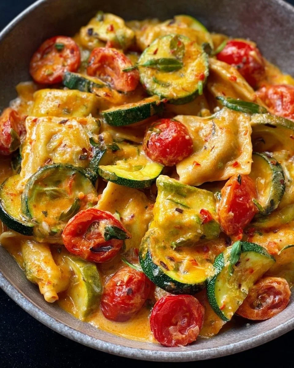Cremige Maultaschenpfanne mit Zucchini und Tomaten