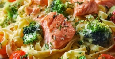 Cremige Pasta mit Lachs, frischem Brokkoli und Tomaten auf einem Teller
