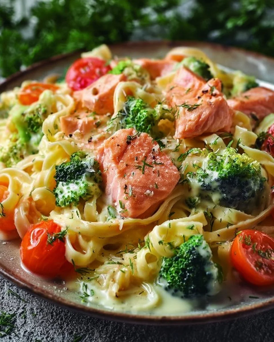 Cremige Pasta mit Lachs, frischem Brokkoli und Tomaten auf einem Teller