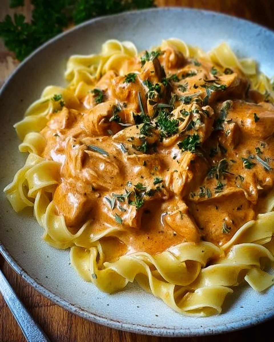 Cremiges Hähnchenragout mit Bandnudeln auf einem Teller serviert