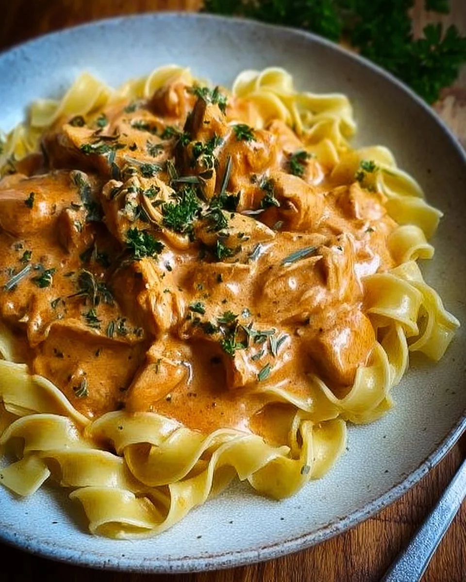 Cremiges Hähnchenragout mit Bandnudeln