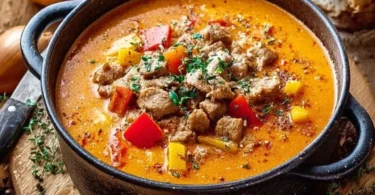 Eine Schüssel deftige Suppe auf einem Tisch mit frischem Brot