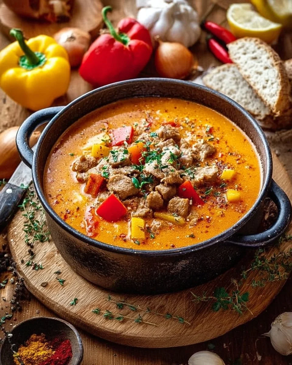 Eine Schüssel deftige Suppe auf einem Tisch mit frischem Brot