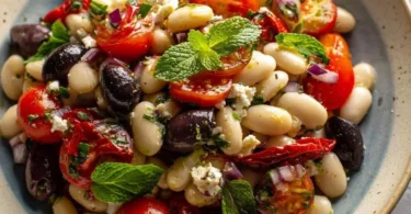Ein Teller Dicke Bohnen Salat nach griechischer Art, bunt und lecker.