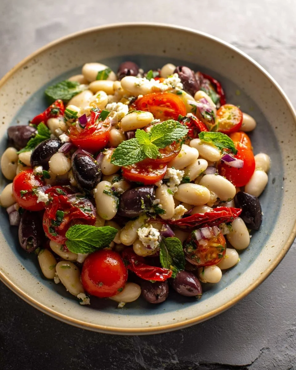 Ein Teller Dicke Bohnen Salat nach griechischer Art, bunt und lecker.