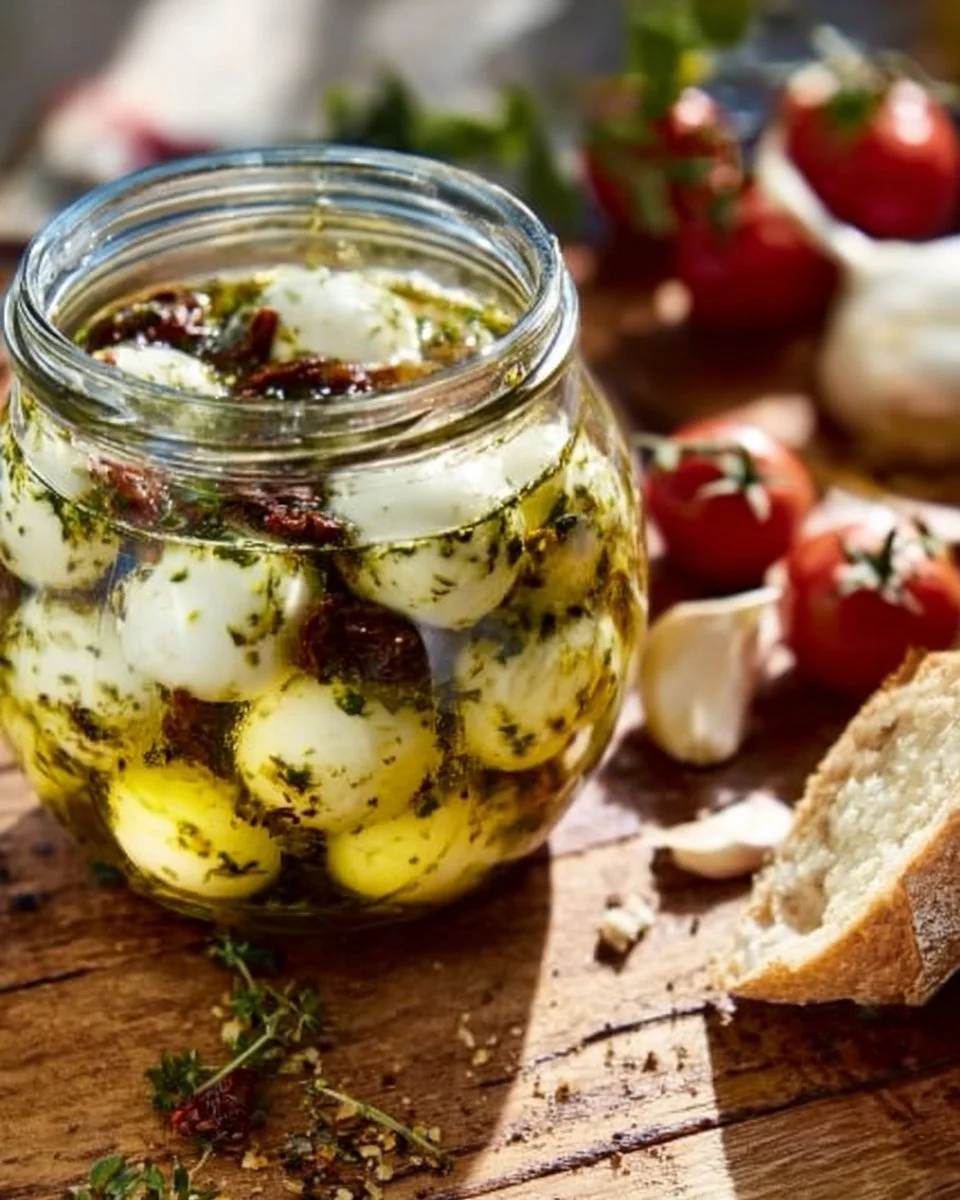 Eingelegter Mozzarella in einer traditionellen Marinade aus Kräutern und Gewürzen