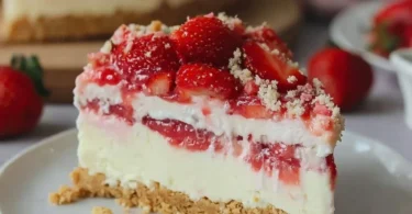 Leckerer Erdbeer Crunch Käsekuchen mit knackigem Topping und frischen Erdbeeren.