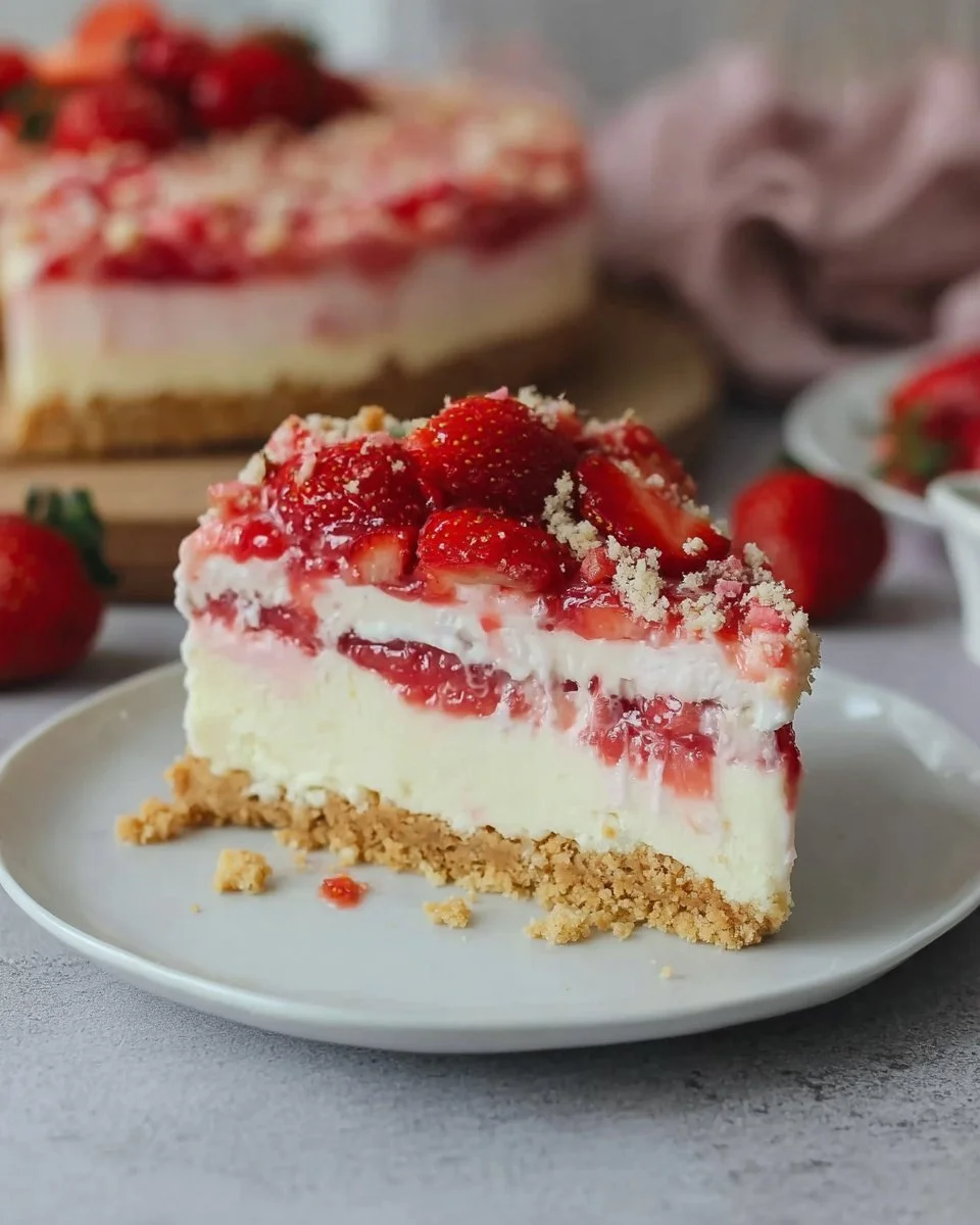 Leckerer Erdbeer Crunch Käsekuchen mit knackigem Topping und frischen Erdbeeren.