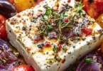 Feta Käse, zubereitet im Airfryer, serviert auf einem Teller