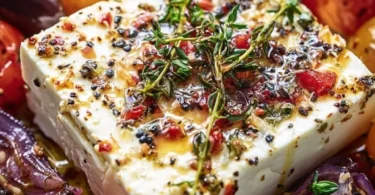Feta Käse, zubereitet im Airfryer, serviert auf einem Teller