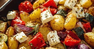 Feta-Kartoffeln mit Ofengemüse auf einem Teller serviert
