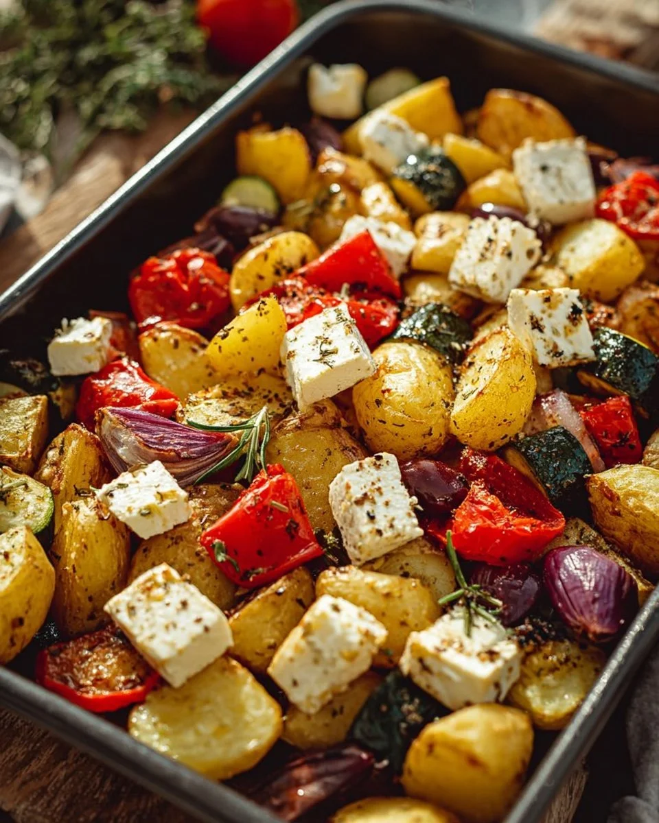 Feta-Kartoffeln mit Ofengemüse auf einem Teller serviert