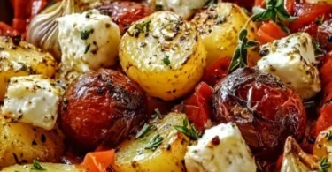 Feta Kartoffeln Ofengemüse auf einem Blech gebacken