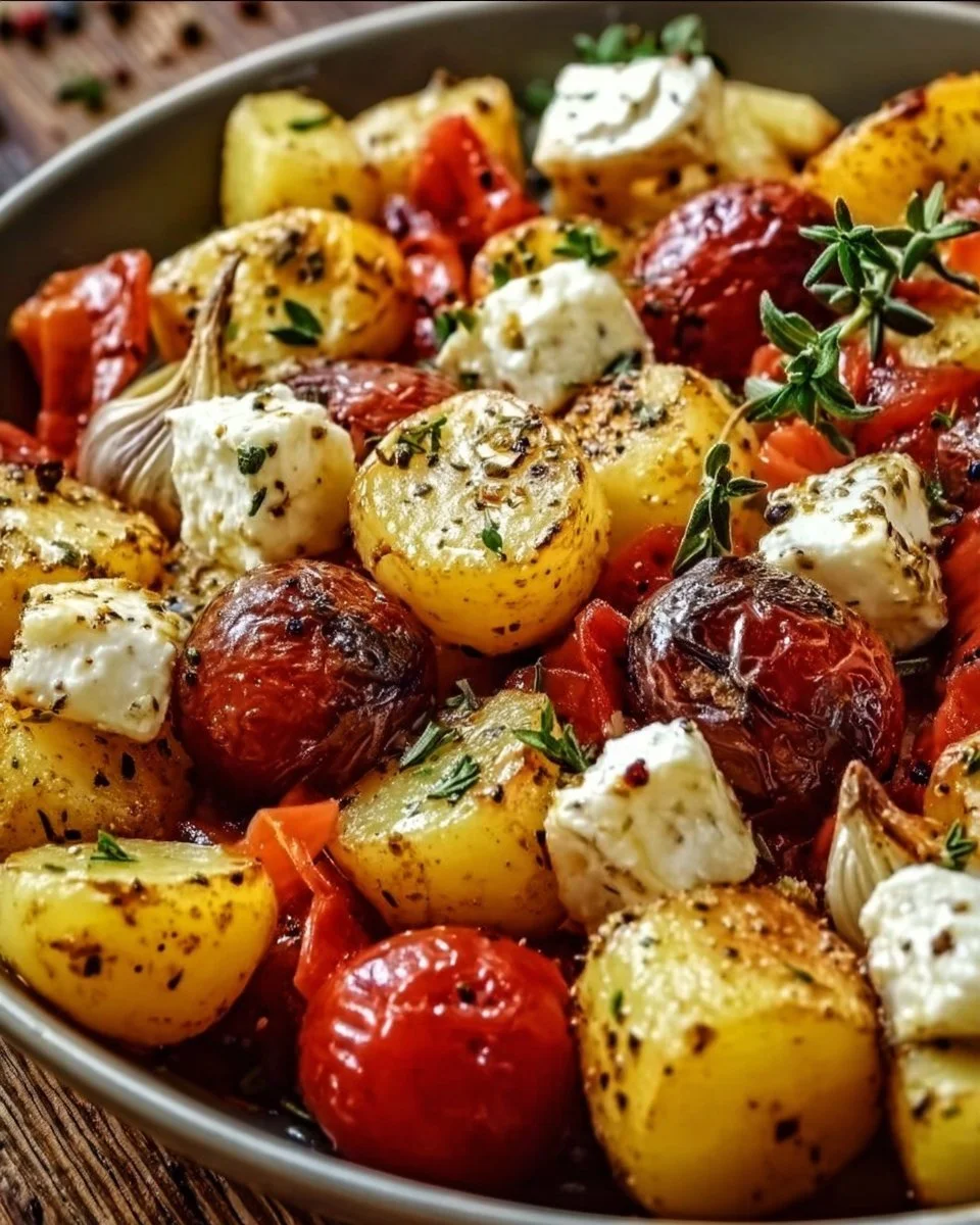 Feta Kartoffeln Ofengemüse auf einem Blech gebacken
