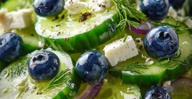 Frischer Gurken-Blaubeer-Salat mit frischen Zutaten auf einem Teller