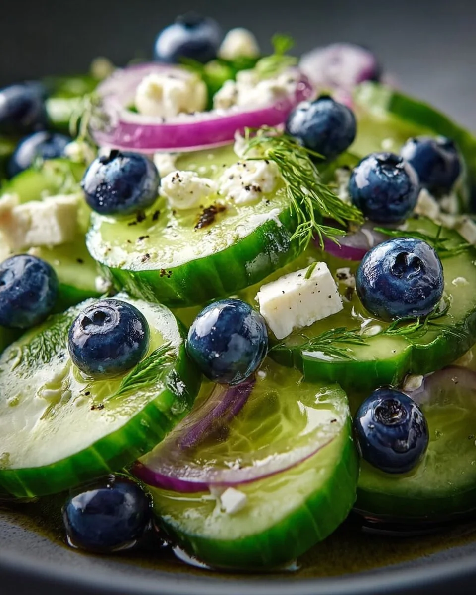 Frischer Gurken-Blaubeer-Salat mit frischen Zutaten auf einem Teller