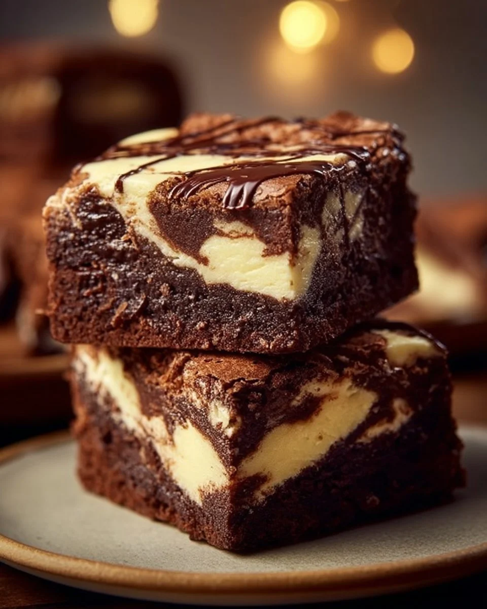 Saftige Frischkäse-Brownies mit cremiger Füllung auf einem Teller