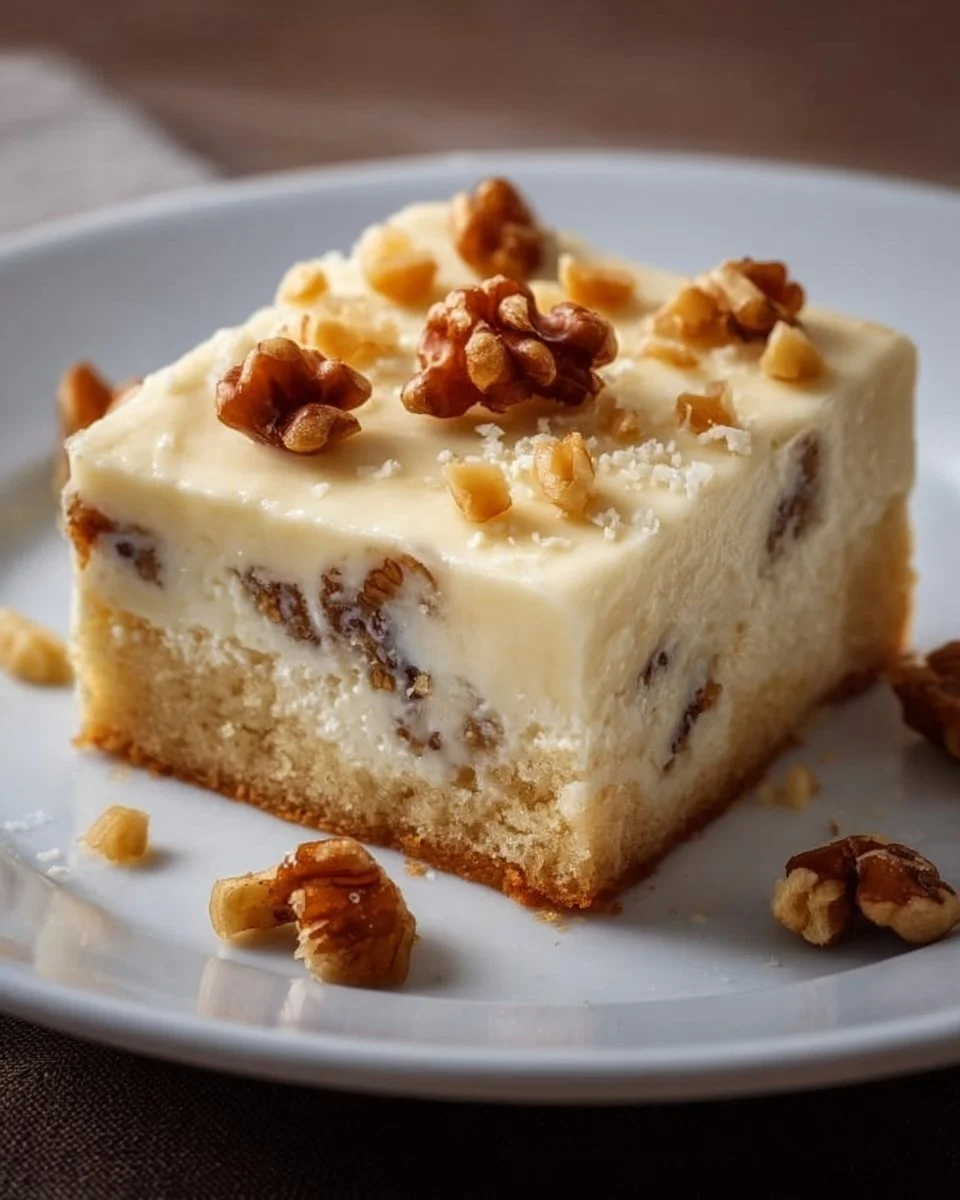 Leckerer Kuchen mit Pudding und Walnüssen auf einem Teller