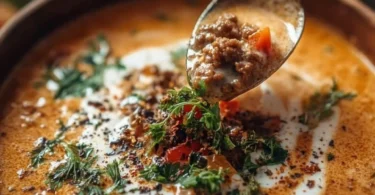 Schüssel mit Friss-dich-dumm-Suppe, frisch zubereitet und appetitlich angerichtet.