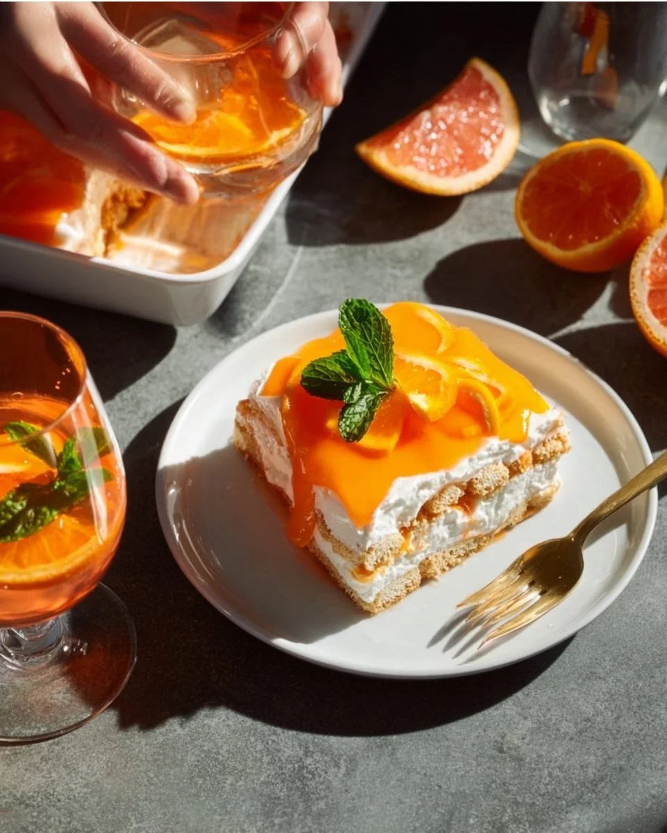Fruchtiges Aperol Spritz-Tiramisu mit frischen Zutaten serviert