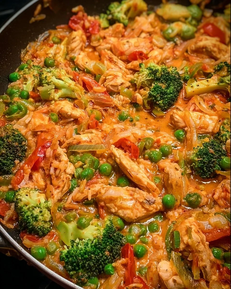Bunte Gemüsepfanne mit Hähnchen und frischen Zutaten