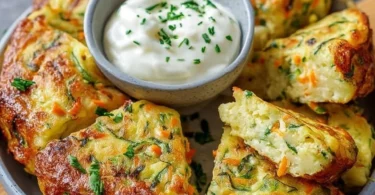 Leckere Gemüsepfannkuchen serviert mit einem aromatischen Kräuterdip