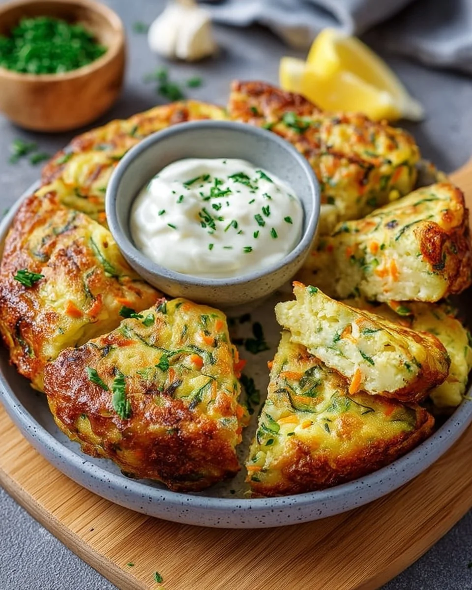 Leckere Gemüsepfannkuchen serviert mit einem aromatischen Kräuterdip
