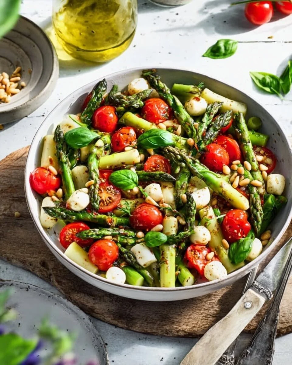 Grüner Spargel Salat mit Tomaten und Mozzarella auf einem weißen Teller.