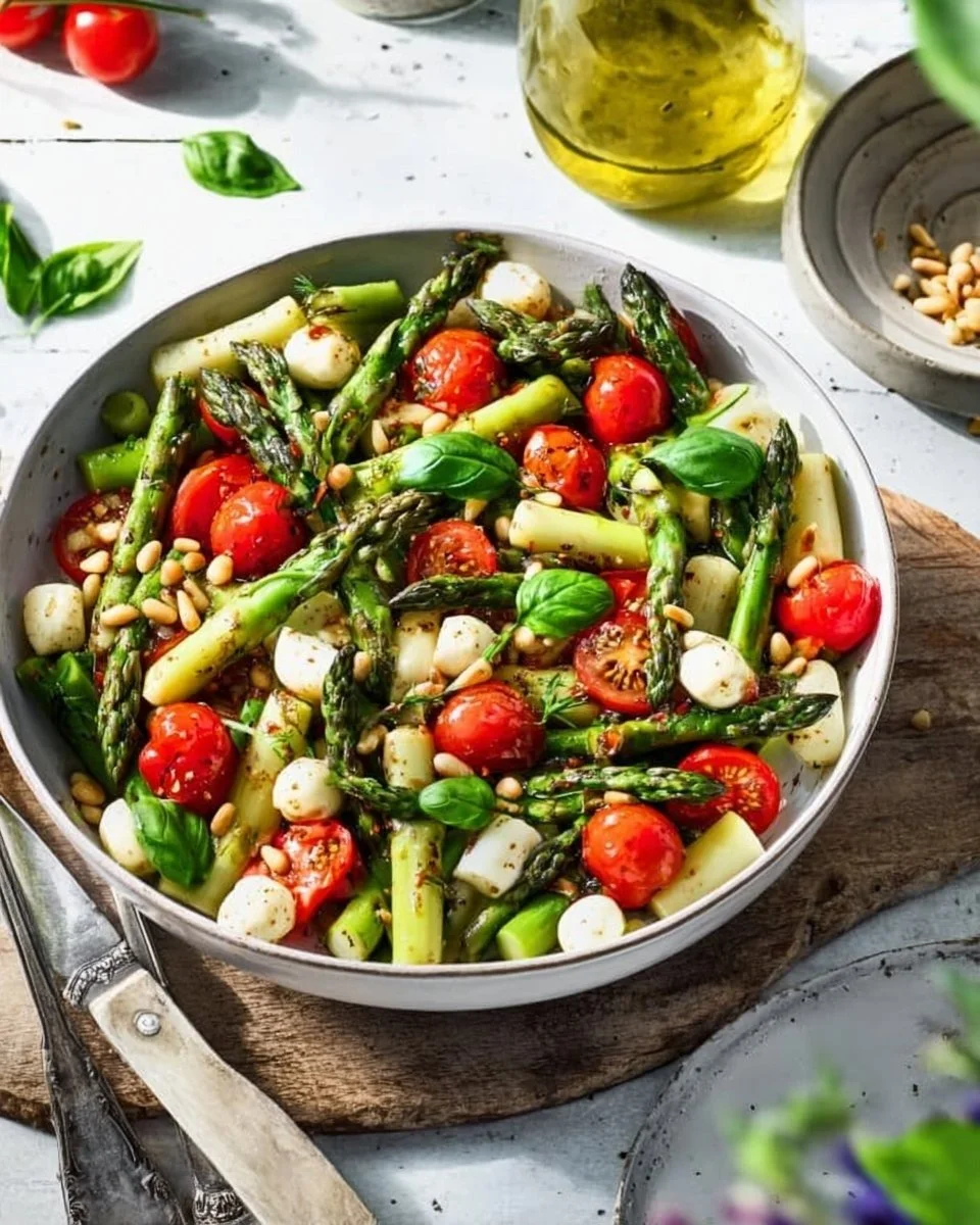Grüner Spargel Salat mit Tomaten und Mozzarella