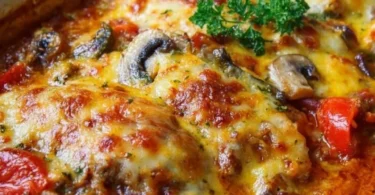 Hähnchen Auflauf im Backofen auf einem Teller serviert mit frischem Gemüse.