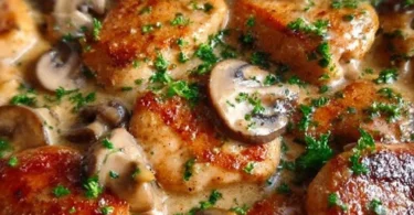 Hähnchen-Pilzpfanne mit frischem Gemüse in einer Pfanne zubereitet.
