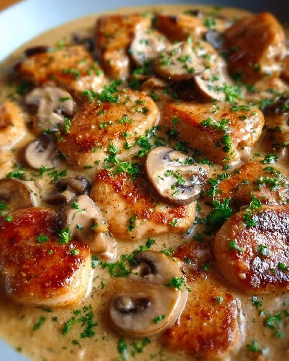 Hähnchen-Pilzpfanne mit frischem Gemüse in einer Pfanne zubereitet.