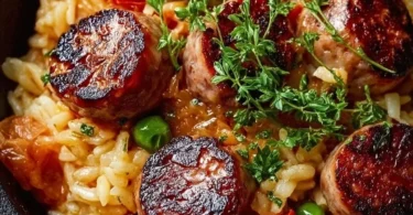 Herzhafte Wurst-Reis-Pfanne mit frischen Zutaten und Wurststücken
