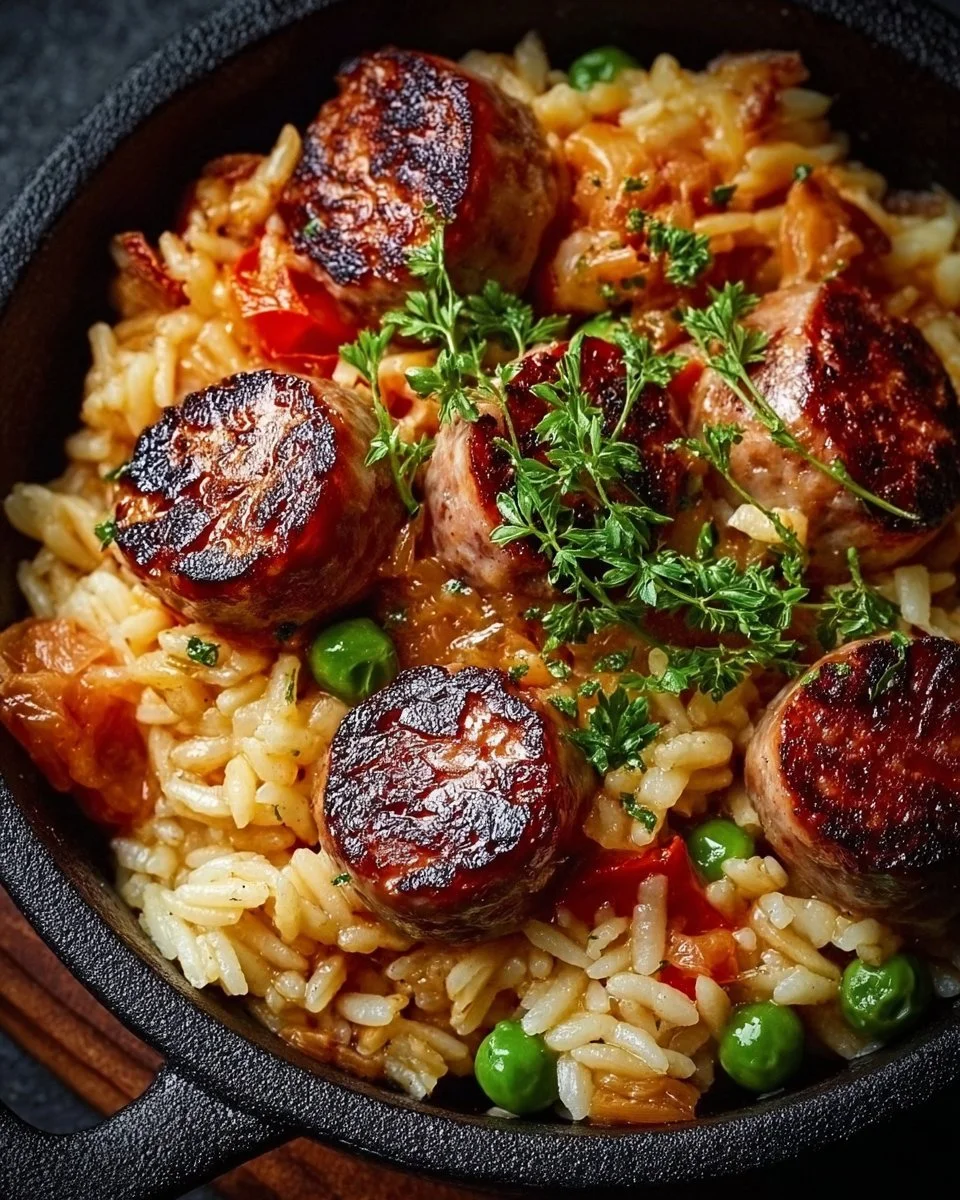 Herzhafte Wurst-Reis-Pfanne mit frischen Zutaten und Wurststücken