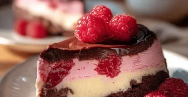 Himbeer-Brownie-Cheesecake mit einer Schicht aus cremigem Käsekuchen und Schokoladenbrownies