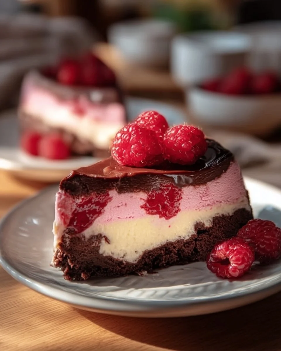 Himbeer-Brownie-Cheesecake mit einer Schicht aus cremigem Käsekuchen und Schokoladenbrownies