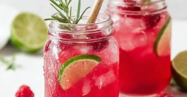 Erfrischende Himbeer-Limonade mit Rosmarin und Limette in einem Glas serviert.