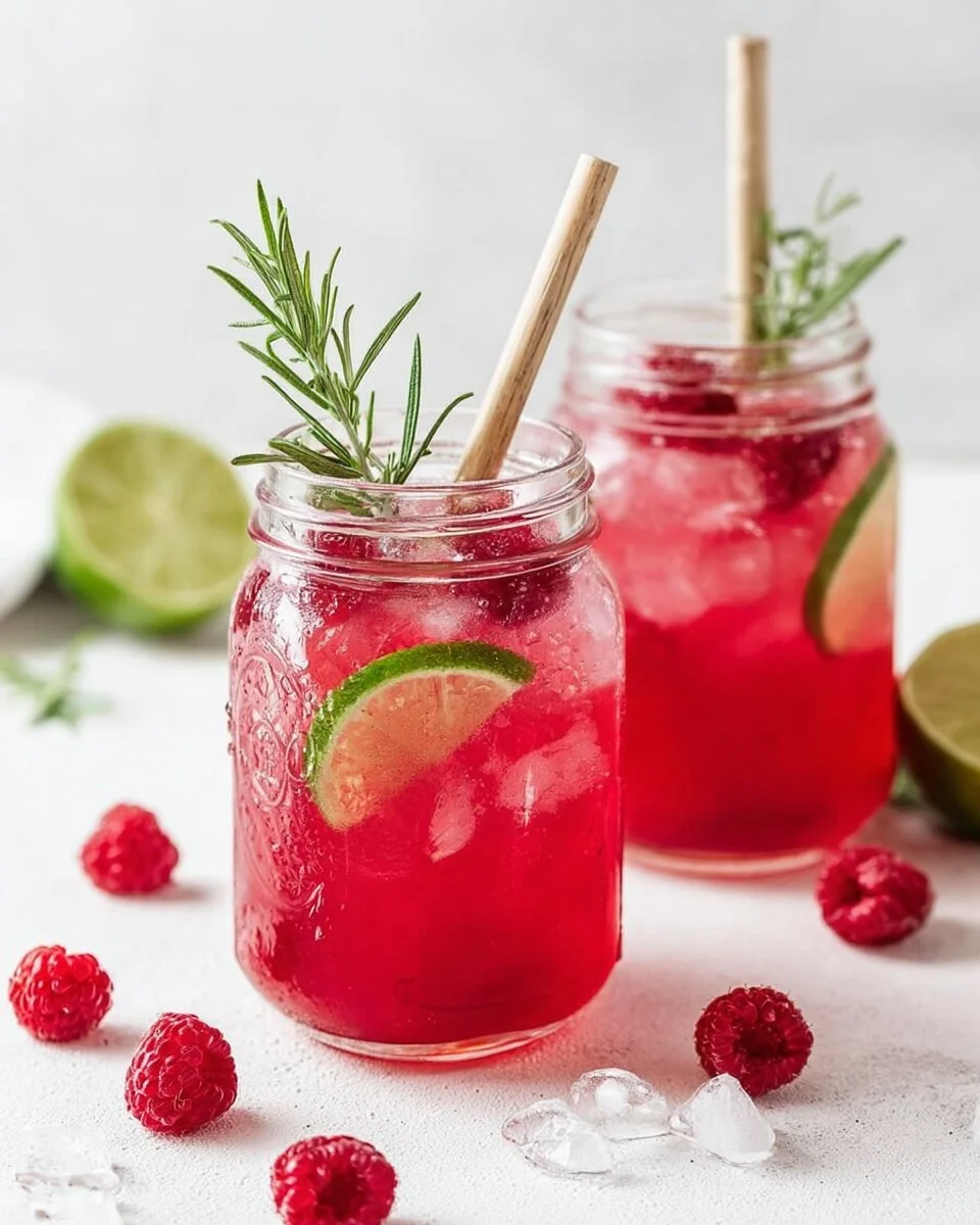 Erfrischende Himbeer-Limonade mit Rosmarin und Limette in einem Glas serviert.