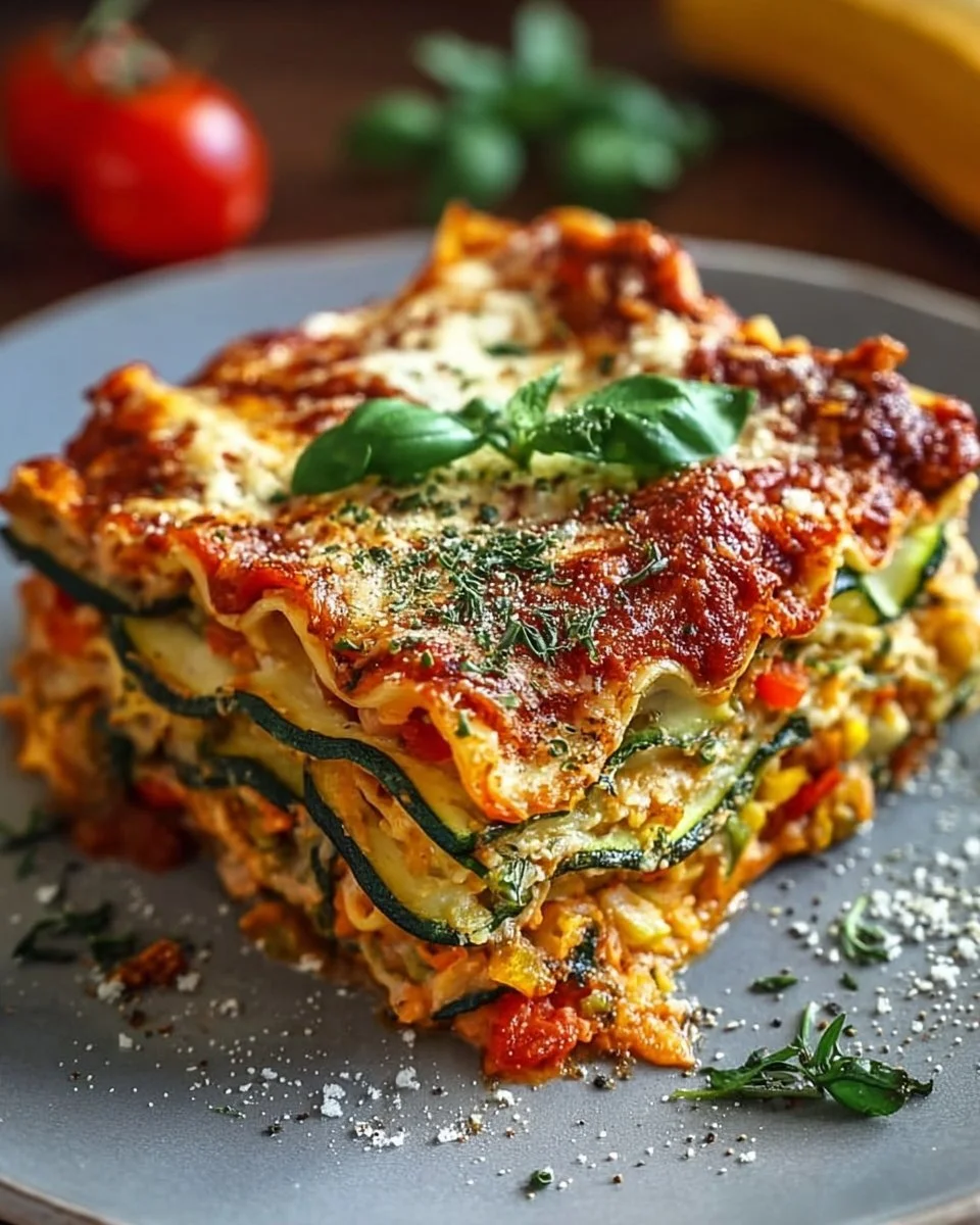 Hohe Protein-Gemüse-Lasagne mit frischem Gemüse und proteinreicher Füllung