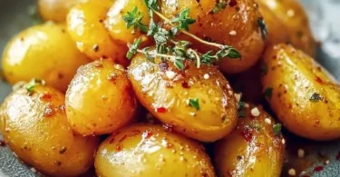 Leckere Honig-Senf-Kartoffeln auf einem Teller serviert.