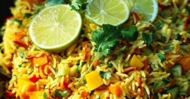 Indisch gewürzter Reis Salat mit Mango, verfeinert mit exotischen Gewürzen